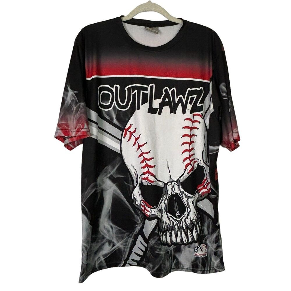 OUTLAWZ Jersey‎ Shirt Mens Large Skull Red Black Made in USA Short Sleeve